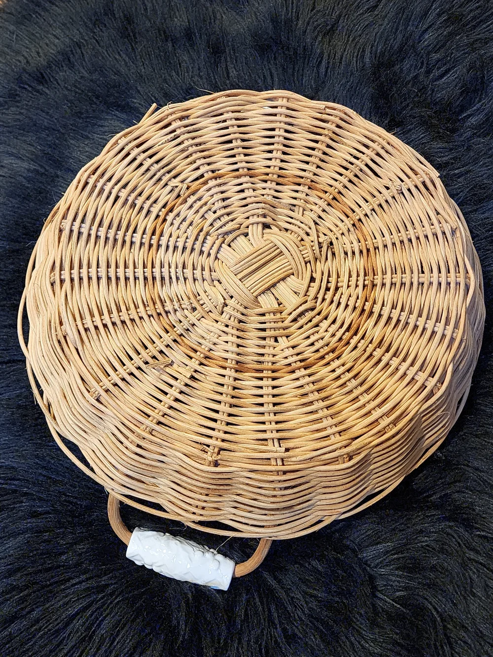 Woven Rattan Divided Serving Basket with White Ceramic Handles